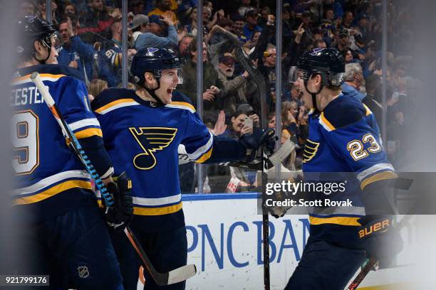 Ivan Barbashev of the St. Louis Blues is congratulated after scoring a goal against the San Jose Sharks at Scottrade Center on February 20, 2018 in...