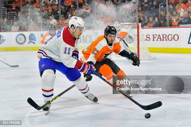 Montreal Canadiens right wing Brendan Gallagher and Philadelphia Flyers defenseman Brandon Manning vie for the puck during the NHL game between the...