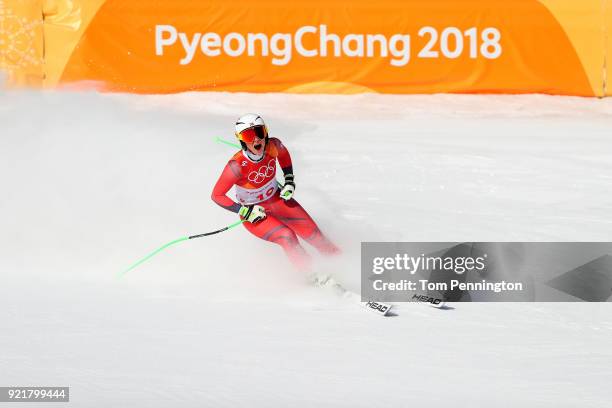 Ragnhild Mowinckel of Norway reacts at the finish during the Ladies' Downhill on day 12 of the PyeongChang 2018 Winter Olympic Games at Jeongseon...