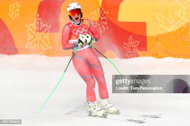 Ragnhild Mowinckel of Norway reacts at the finish during the Ladies' Downhill on day 12 of the PyeongChang 2018 Winter Olympic Games at Jeongseon...