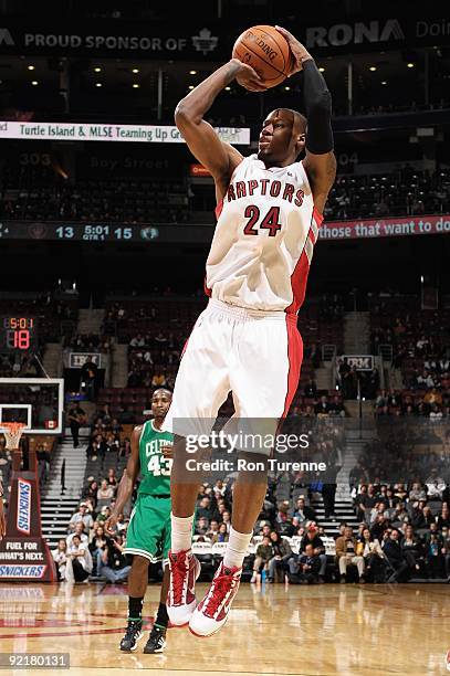 Sonny Weems of the Toronto Raptors shoots against the Boston Celtics during the preseason game on October 18, 2009 at Air Canada Centre in Toronto,...