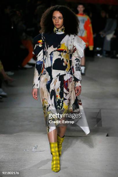 Model walks the runway at the Marques'Almeida show during London Fashion Week February 2018 on February 19, 2018 in London, England.