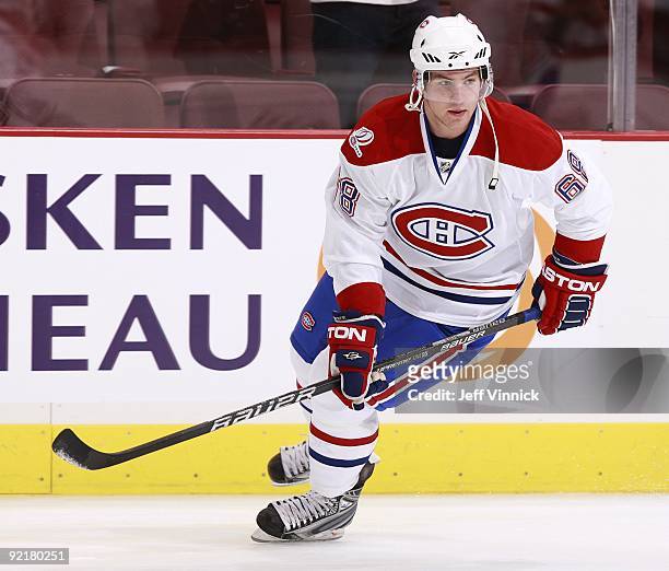 Yannick Weber of the Montreal Canadiens skates up ice during their game against the Vancouver Canucks at General Motors Place on October 7, 2009 in...