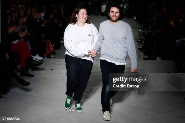 Model walks the runway at the Marques'Almeida show during London Fashion Week February 2018 on February 19, 2018 in London, England.