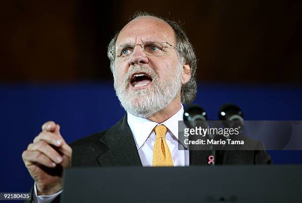 New Jersery Governor Jon Corzine speaks at a campaign rally with U.S. President Barack Obama at Fairleigh Dickinson University's Hackensack campus...