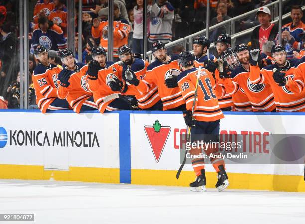 Ryan Strome of the Edmonton Oilers celebrates after scoring a goal in the game against the Boston Bruins on February 20, 2018 at Rogers Place in...