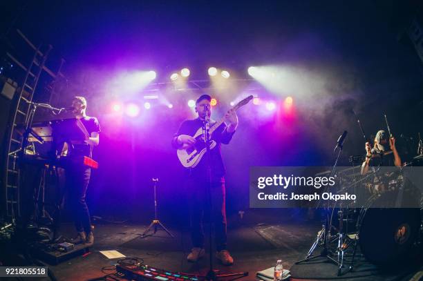 Gus Unger-Hamilton, Joe Newman and Thom Green of alt-J perform at The Garage on February 20, 2018 in London, England.