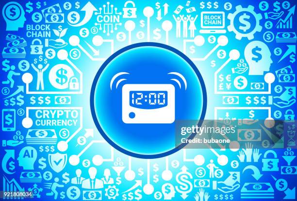 alarm clock icon on money and cryptocurrency background - clock gears background stock illustrations