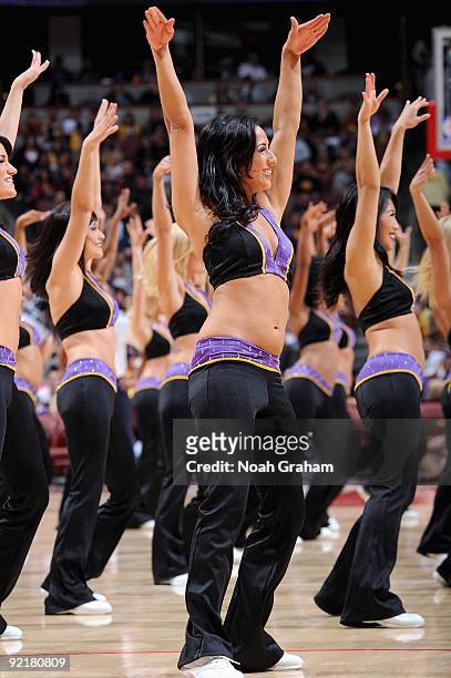 The Laker Girls perform during the preseason game between the Los Angeles Lakers and the Golden State Warriors on October 7, 2009 at Honda Center in...