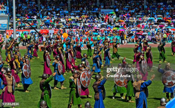 Mongolia, Ulan Bator : group of Mongolian warriors in traditional costume on the occasion of the Naadam Festival.