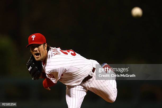 Cole Hamels of of the Philadelphia Phillies throws a pitch against the Los Angeles Dodgers in Game Five of the NLCS during the 2009 MLB Playoffs at...