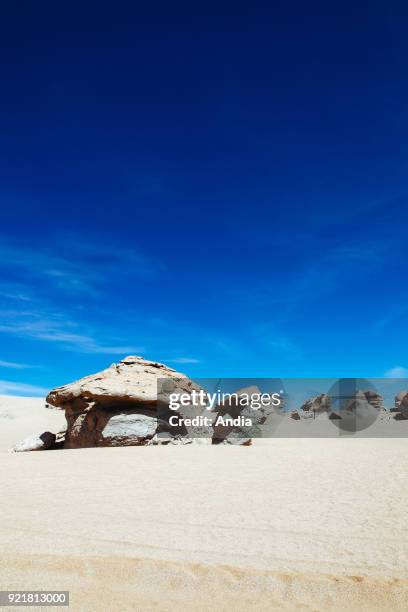 Sur Lipez or Sud Lipez Province, Altiplano of Bolivia, 2011: landscape of the Ciloli Desert with the Arbol de Piedra , an isolated rock formation.