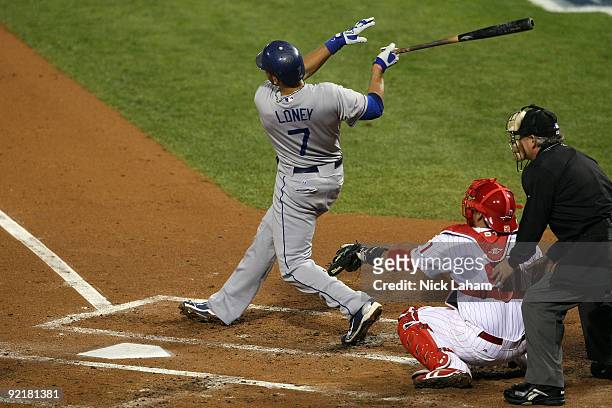 James Loney of the Los Angeles Dodgers connects for a second inning home run against the Philadelphia Phillies in Game Five of the NLCS during the...
