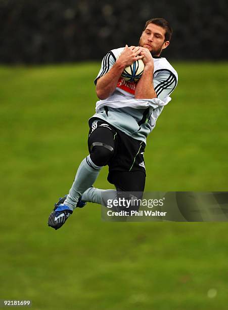 Cory Jane of the All Blacks collects a high ball during a New Zealand All Blacks training session at the Waitakere Trusts Stadium on October 22, 2009...