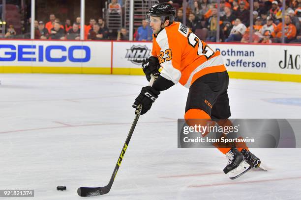 Philadelphia Flyers defenseman Brandon Manning looks to pass during the NHL game between the Montreal Canadiens and the Philadelphia Flyers on...