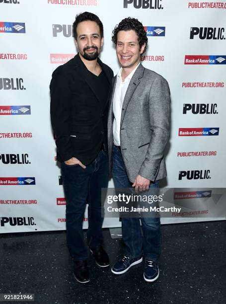 Lin-Manuel Miranda and director Thomas Kail attend the "Kings" Opening Night at The Public Theater on February 20, 2018 in New York City.