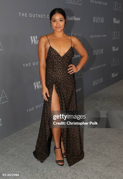 Host Gina Rodriguez attends the Costume Designers Guild Awards at The Beverly Hilton Hotel on February 20, 2018 in Beverly Hills, California.