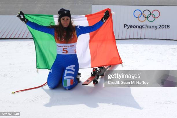 Gold medallist Sofia Goggia of Italy celebrates during the victory ceremony for the Ladies' Downhill on day 12 of the PyeongChang 2018 Winter Olympic...