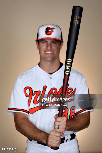 Jaycob Brugman of the Baltimore Orioles poses for a photo during photo days at Ed Smith Stadium on February 20, 2018 in Sarasota, FL.