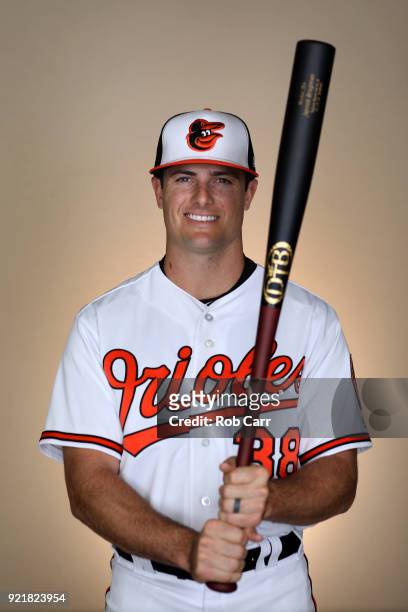 Jaycob Brugman of the Baltimore Orioles poses for a photo during photo days at Ed Smith Stadium on February 20, 2018 in Sarasota, FL.