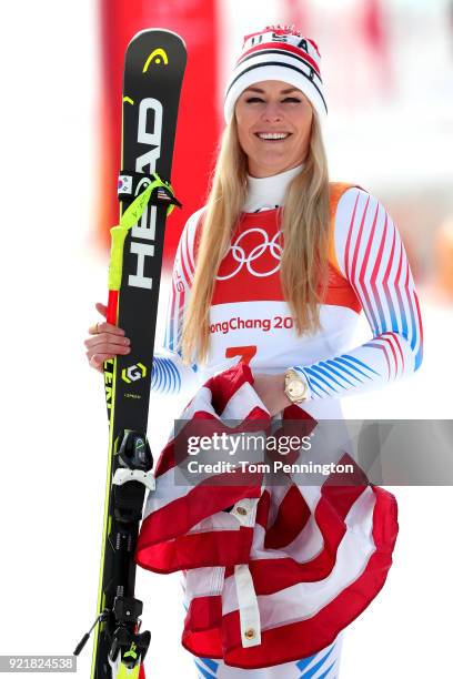 Bronze medallist Lindsey Vonn of the United States celebrates during the victory ceremony for the Ladies' Downhill on day 12 of the PyeongChang 2018...