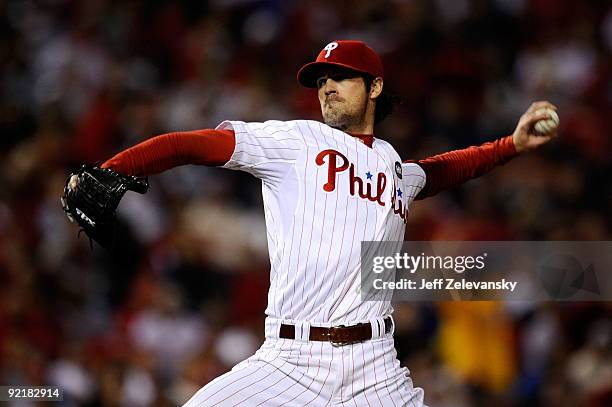 Cole Hamels of of the Philadelphia Phillies throws a pitch against the Los Angeles Dodgers in Game Five of the NLCS during the 2009 MLB Playoffs at...