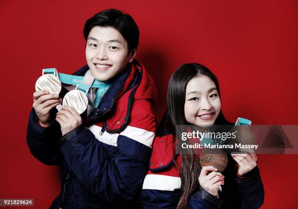 United States Figure skaters and siblings Maia Shibutani and older brother Alex Shibutani pose for a portrait with their bronze medals, one for the...