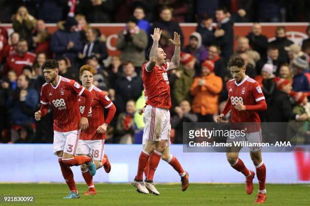 Lee Tomlin of Nottingham Forest celebrates after scoring a goal to make it 1-1 during the Sky Bet Championship match between Nottingham Forest and...