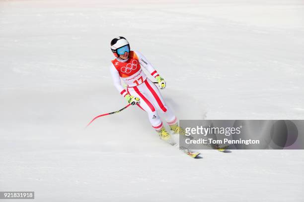 Nicole Schmidhofer of Austria reacts at the finish during the Ladies' Downhill on day 12 of the PyeongChang 2018 Winter Olympic Games at Jeongseon...