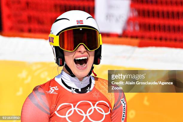 Ragnhild Mowinckel of Norway celebrates during the Alpine Skiing Women's Downhill at Jeongseon Alpine Centre on February 21, 2018 in Pyeongchang-gun,...