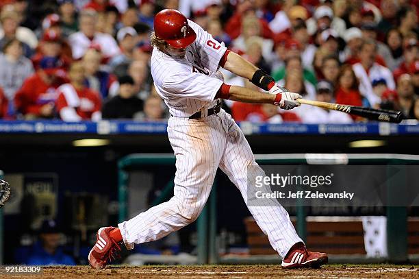 Jayson Werth of the Philadelphia Phillies hits a seventh inning home run against the Los Angeles Dodgers in Game Five of the NLCS during the 2009 MLB...