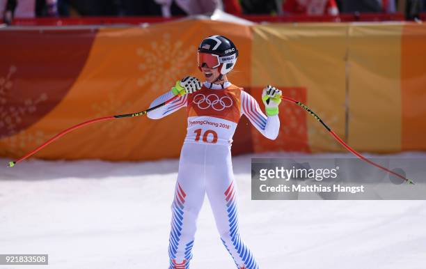 Laurenne Ross of the United States reacts at the finish during the Ladies' Downhill on day 12 of the PyeongChang 2018 Winter Olympic Games at...