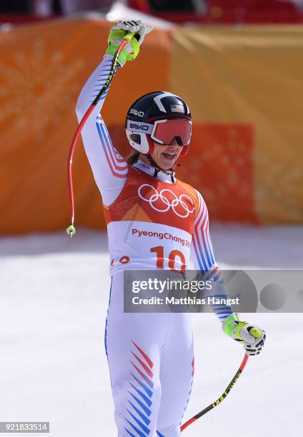 Laurenne Ross of the United States reacts at the finish during the Ladies' Downhill on day 12 of the PyeongChang 2018 Winter Olympic Games at...