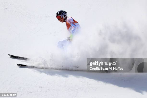 Laurenne Ross of the United States reacts at the finish during the Ladies' Downhill on day 12 of the PyeongChang 2018 Winter Olympic Games at...
