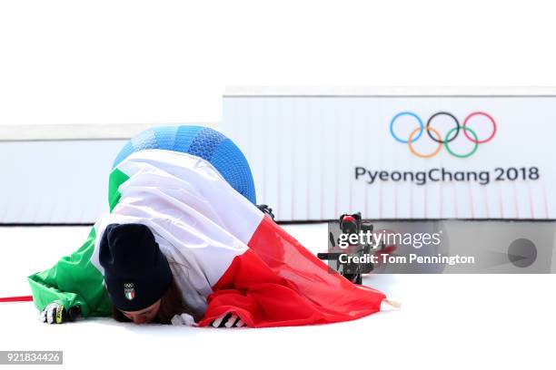 Gold medallist Sofia Goggia of Italy celebrates during the victory ceremony for the Ladies' Downhill on day 12 of the PyeongChang 2018 Winter Olympic...