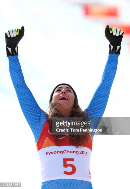 Gold medallist Sofia Goggia of Italy celebrates during the victory ceremony for the Ladies' Downhill on day 12 of the PyeongChang 2018 Winter Olympic...