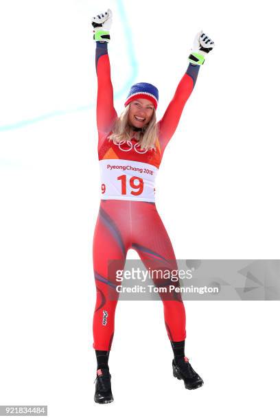 Silver medallist Ragnhild Mowinckel of Norway celebrates during the victory ceremony for the Ladies' Downhill on day 12 of the PyeongChang 2018...