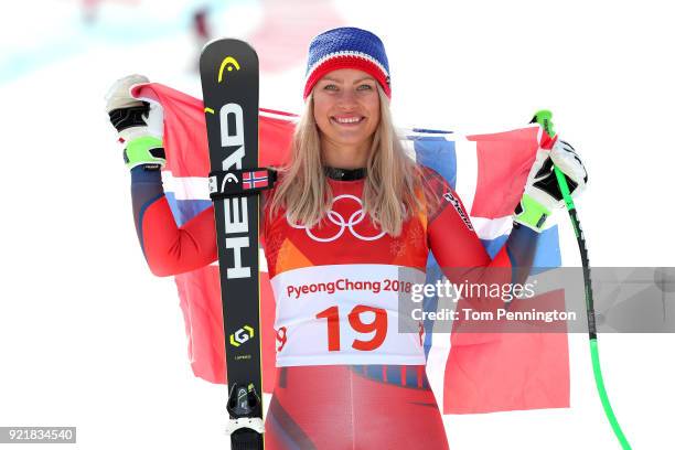 Silver medallist Ragnhild Mowinckel of Norway celebrates during the victory ceremony for the Ladies' Downhill on day 12 of the PyeongChang 2018...