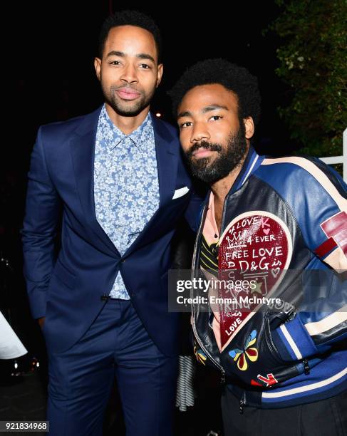 Jay Ellis, wearing Hugo Boss, and Donald Glover attend Esquire's 'Mavericks of Hollywood' Celebration presented by Hugo Boss on February 20, 2018 in...