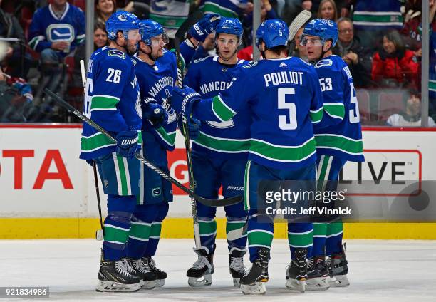 Nikolay Goldobin of the Vancouver Canucks is congratulated by teammates after scoring during their NHL game against the Colorado Avalanche at Rogers...