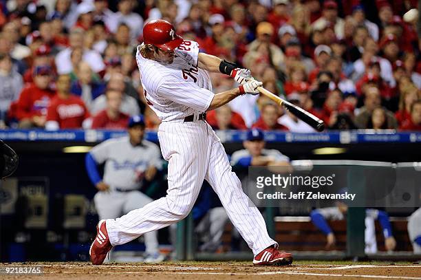 Jayson Werth of the Philadelphia Phillies hits a first inning home run against the Los Angeles Dodgers in Game Five of the NLCS during the 2009 MLB...