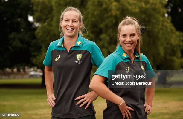 Meg Lanning and Sophie Molineux pose during a Cricket Australia media opportunity at the Melbourne Cricket Ground on February 21, 2018 in Melbourne,...