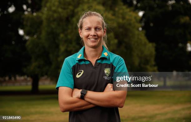 Meg Lanning poses during a Cricket Australia media opportunity at the Melbourne Cricket Ground on February 21, 2018 in Melbourne, Australia....