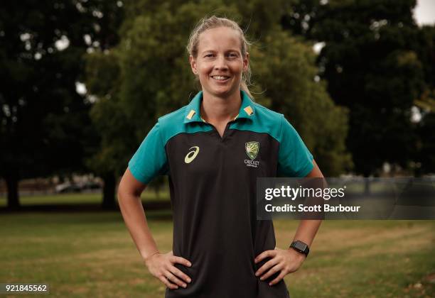 Meg Lanning poses during a Cricket Australia media opportunity at the Melbourne Cricket Ground on February 21, 2018 in Melbourne, Australia....