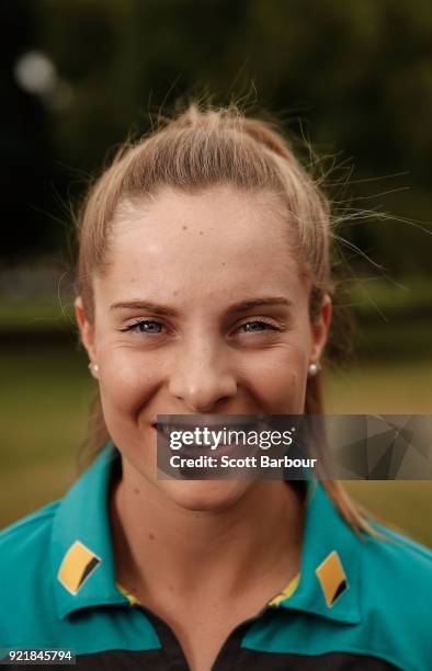 Sophie Molineux poses during a Cricket Australia media opportunity at the Melbourne Cricket Ground on February 21, 2018 in Melbourne, Australia....