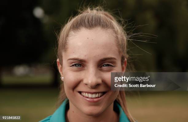 Sophie Molineux poses during a Cricket Australia media opportunity at the Melbourne Cricket Ground on February 21, 2018 in Melbourne, Australia....