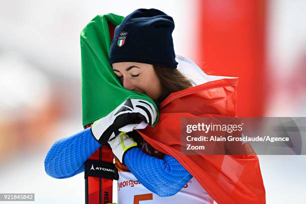 Sofia Goggia of Italy wins the gold medal during the Alpine Skiing Women's Downhill at Jeongseon Alpine Centre on February 21, 2018 in...