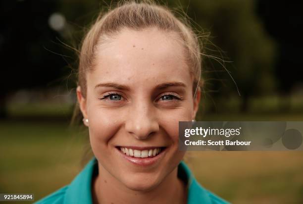 Sophie Molineux poses during a Cricket Australia media opportunity at the Melbourne Cricket Ground on February 21, 2018 in Melbourne, Australia....