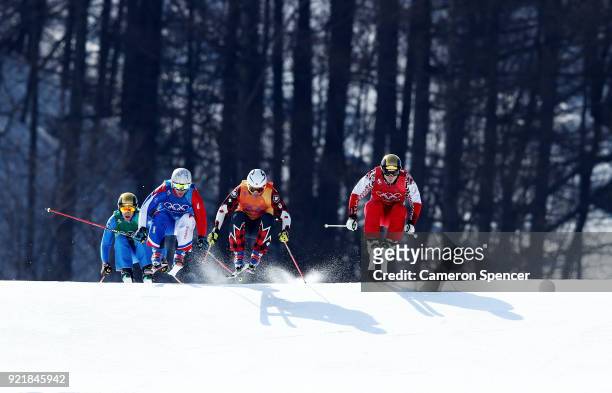 Christopher Delbosco of Canada, Siegmar Klotz of Italy, Sergey Ridzik of Olympic athletes of Russia and Francois Place of France compete in the...