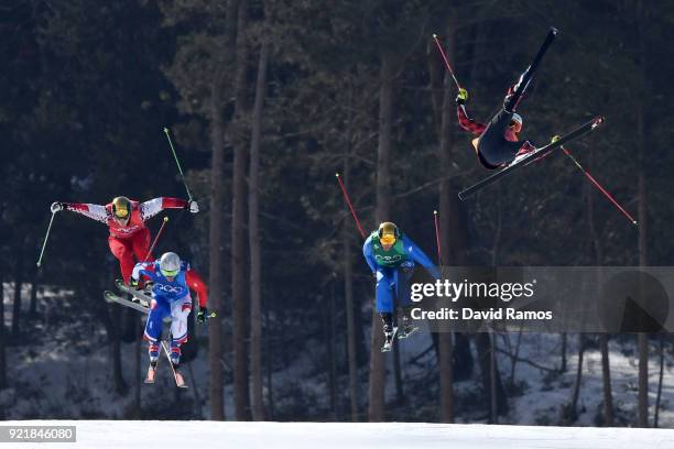 Christopher Delbosco of Canada crashes in the Freestyle Skiing Men's Ski Cross 1/8 finals on day 12 of the PyeongChang 2018 Winter Olympic Games at...